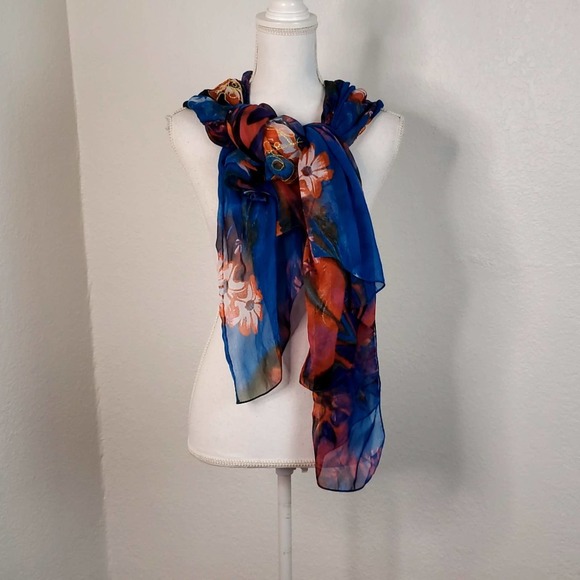 Unbranded Accessories - Floral Rectangular Tissue Scarf Blue multicolor